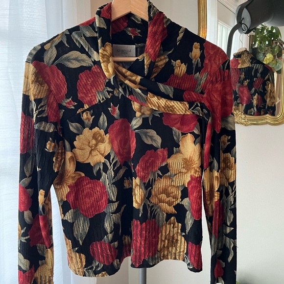 Vintage Floral Wrap Cowl Neck Semi-Sheer Sweater- Cropped Length - Picture 3 of 8